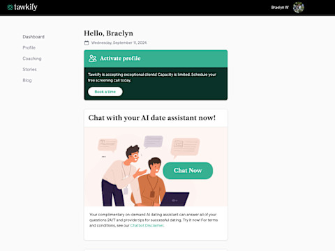 Tawkify login dashboard