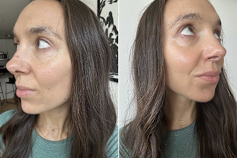 two photos of editor's skin after using the day cream