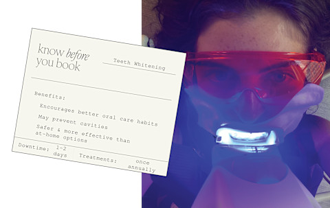 woman getting teeth whitening with text