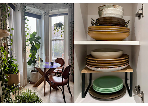 minimalist dining area and kitchen with organized shelving