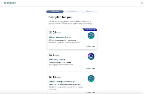 screenshot of Talkspace plan options