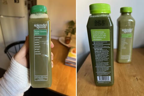Splendid Spoon juice front and image of nutritional label by tester