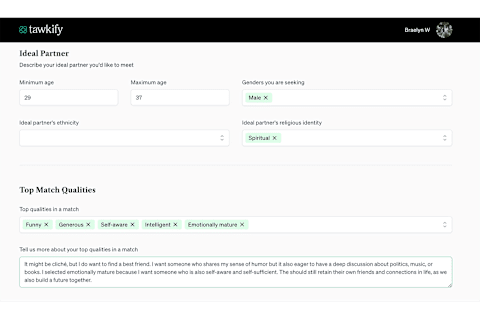 Screenshot of Tawkify ideal partner bio