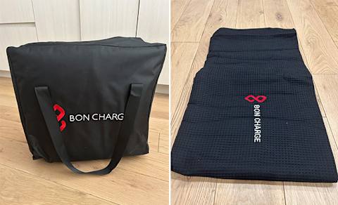 photo of bon charge blanket in travel bag next to photo of bon charge towel insert