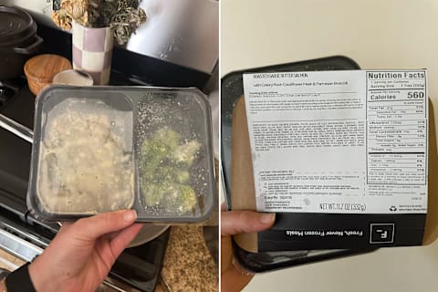 Photo of Factor roasted garlic salmon in packaging next to close-up of nutrition label