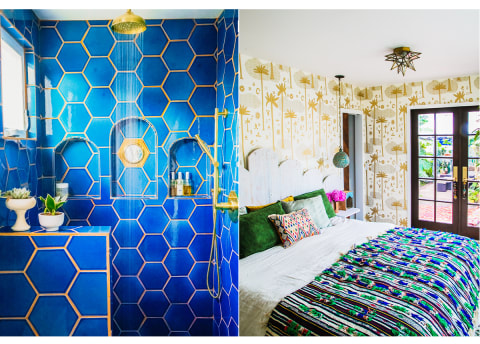 Justina Blakeney's bright blue shower and colorful bed