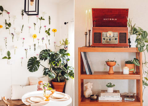 flowers taped to wall in soothing breakfast nook