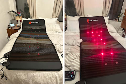 Bon Charge infrared mat with lights off and laying on bed