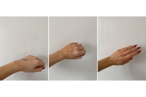 Side by side of hand with kosas dream beam applied and slowly rubbed in to see gradual bronzing effect during appication