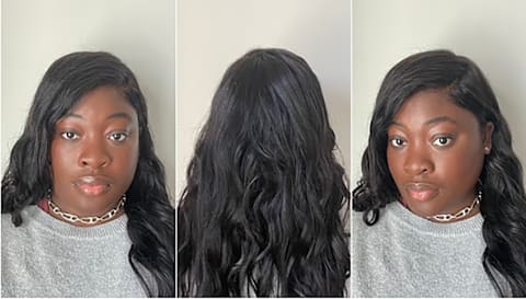 Luvme Hair parting glass wig worn by reviewer with different parts on left and right side of head, plus another image of the back of testers head