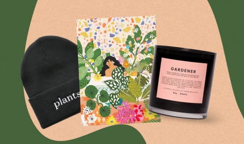 an arrangement of plant-themed gifts including a hat, handle, and puzzle