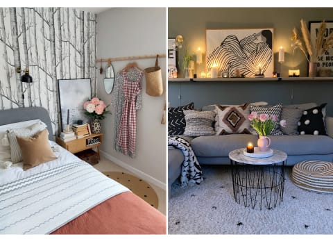 Bed with salmon-colored sheets; cozy living room couch with lots of trow pillows