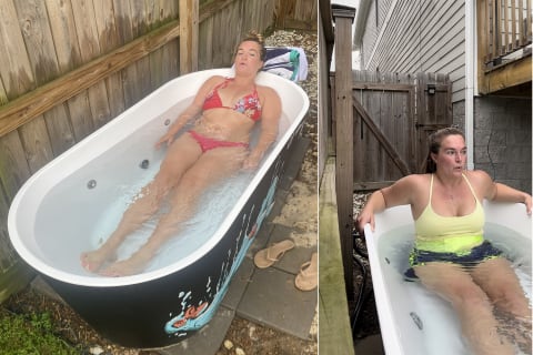 Tester laying fully in tub with full image of tub plus tester sitting in tub