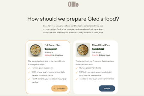 screenshot of ollie page for meal plan selection by tester