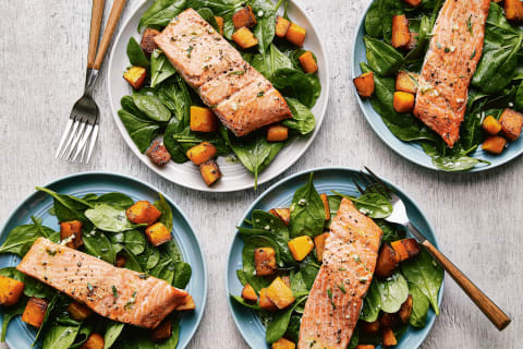 Roasted Salmon, Spinach, Butternut Squash Salad