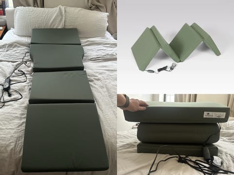 SoloPad laid on bed in green unfolded next to photo of folded solopad on right