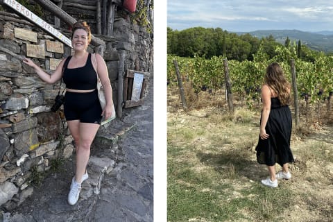 Cariuma salvas on feet hiking next to photo of cariumas work with dress both featuring author (tester)