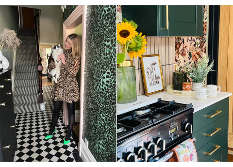 woman standing in doorway to home with cat, next to image of cozy kitchen with green shelving