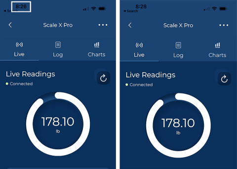 screenshots of weight taken two minutes apart on Oxiline Scale