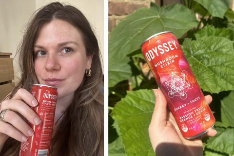 Odyssey Elixir in testers hand next to photo of red can held above green leaves