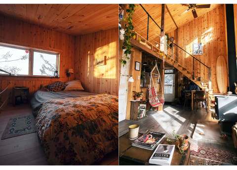 cozy cabin bedroom and living room
