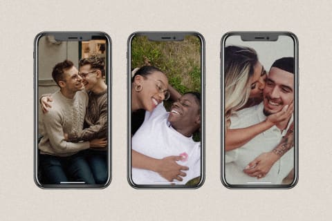 three couples on three iphones swiping on dating apps