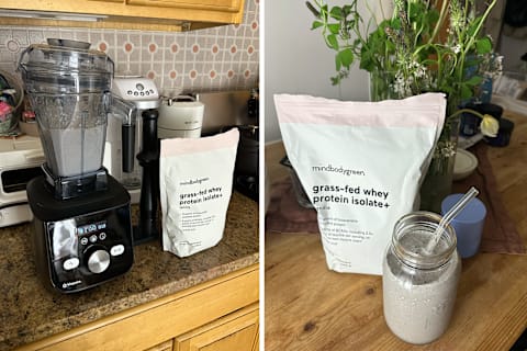protein powder next to blender smoothie side-by-side with bag of powder next to final smoothie in cup protein powder next to blender smoothie side-by-side with bag of powder next to final smoothie in cup