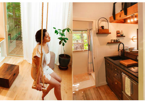 woman on indoor swing in front of plant