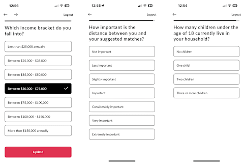 screenshots of profile questions from silversingles app