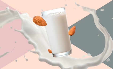 collage of almonds and milk glass