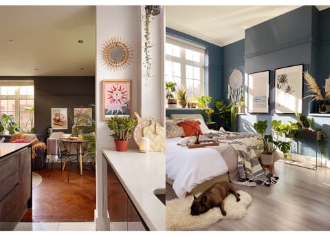 blue bedroom with deep blue walls and wood floors