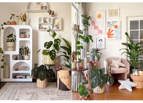 accent wall covered in art and funky shelving