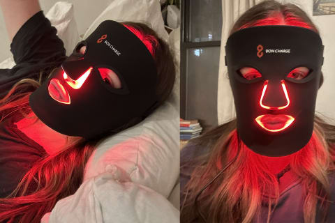side by side of woman wearing black bon charge mask with red light coming out nose and mouth