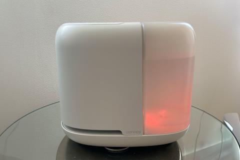 photo of canopy 2.0 humidifier with red light turned on in writer's apartment