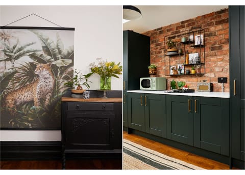 two photos of home with green and nature inspired accents