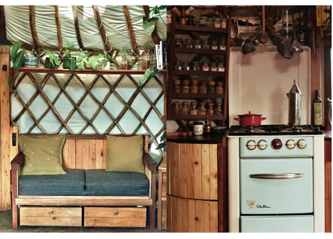 kitchen and bench interior in yurt home