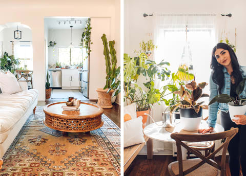 living area with round wood table and tan oriental rug