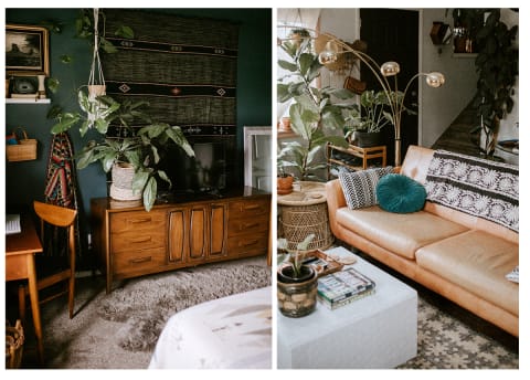 Credenza with plants on left and tan leather couch on right 