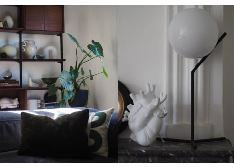 warm living room with plants and sculptural lighting