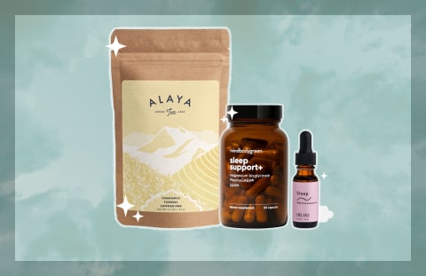 tea, sleep supplement, and essential oils on teal background