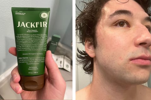 jackfir shaving cream bottle in hand next to freshly shaved face