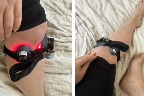 side-by-side photo of kineon on knee with device on and turned off