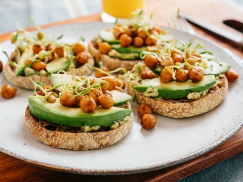 Avocados and Chickpeas on an English Muffin