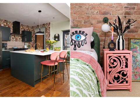 image of colorful bedroom with eye pillow, next to image of cozy kitchen with pink chairs