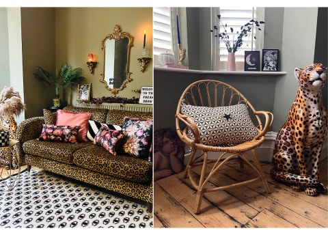 two photos of jungle-themed living room with lots of prints