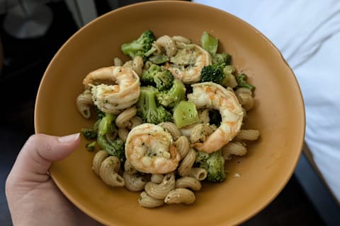 Cavatappi & shrimp scampi in a bowl