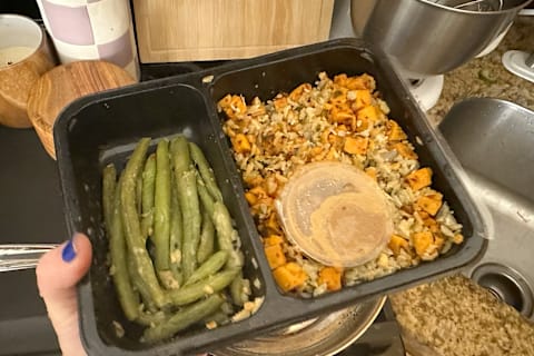 green beans and coconut rice with sweet potatoes