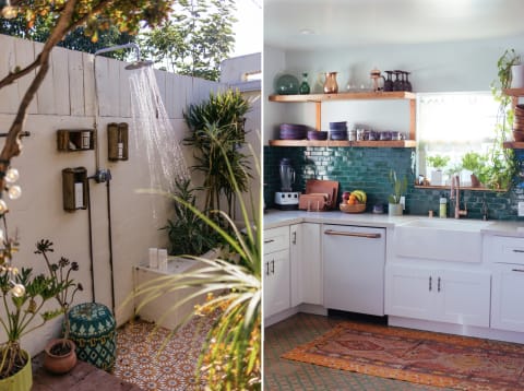 outdoor shower, colorful kitchen with blue backsplash