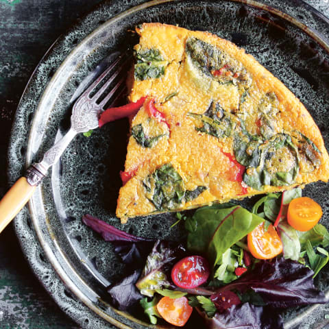 Vegan Frittata with Side Salad of Greens and Grape Tomatoes