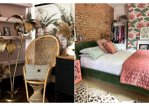 photo of wicker chair in tropical living room next to photo of bedroom with pink accents